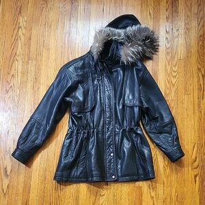 Vintage Black Leather Jacket with Fur Hood
